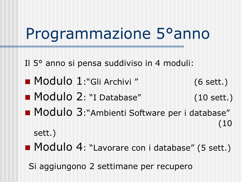 Programmazione 5°anno Modulo 1: Gli Archivi (6 sett.)