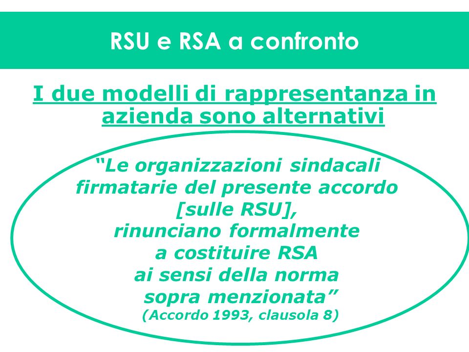 RSU e RSA a confronto I due modelli di rappresentanza in azienda sono alternativi. Le organizzazioni sindacali.