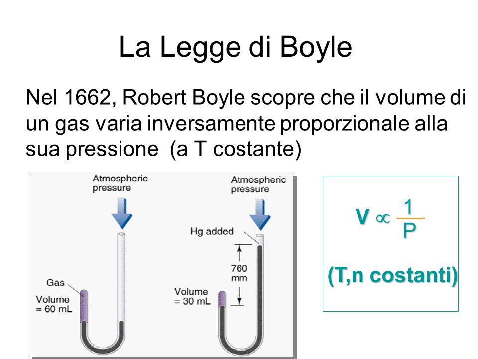 La Legge di Boyle Nel 1662, Robert Boyle scopre che il volume di un gas varia inversamente proporzionale alla sua pressione (a T costante)