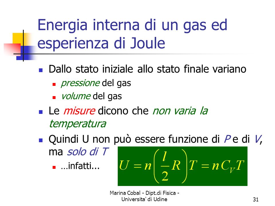 Energia interna di un gas ed esperienza di Joule