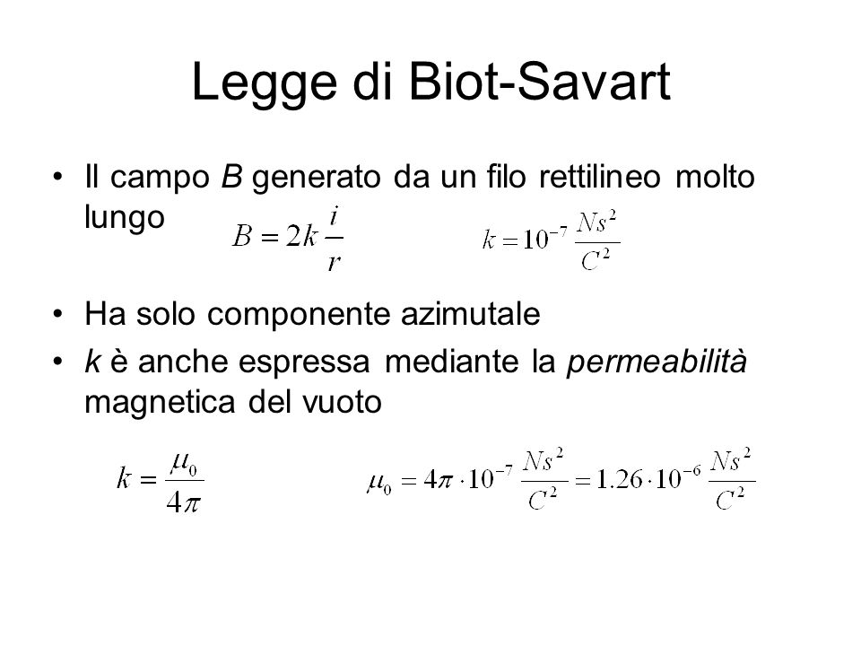 Legge di Biot-Savart Il campo B generato da un filo rettilineo molto lungo. Ha solo componente azimutale.