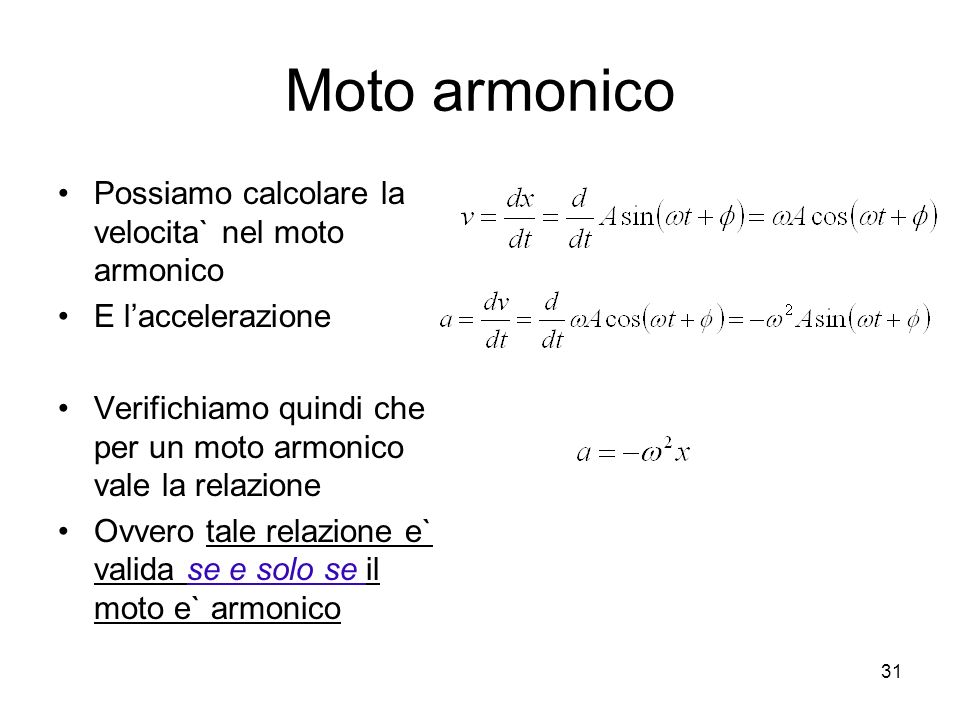 Moto armonico Possiamo calcolare la velocita` nel moto armonico