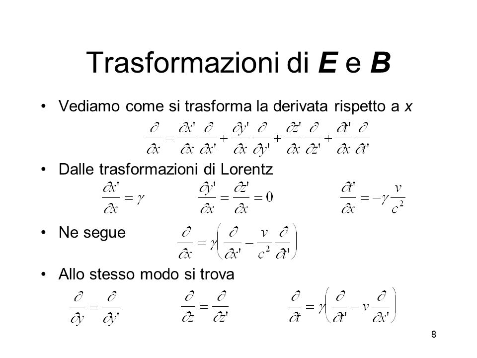 Trasformazioni di E e B Vediamo come si trasforma la derivata rispetto a x. Dalle trasformazioni di Lorentz.