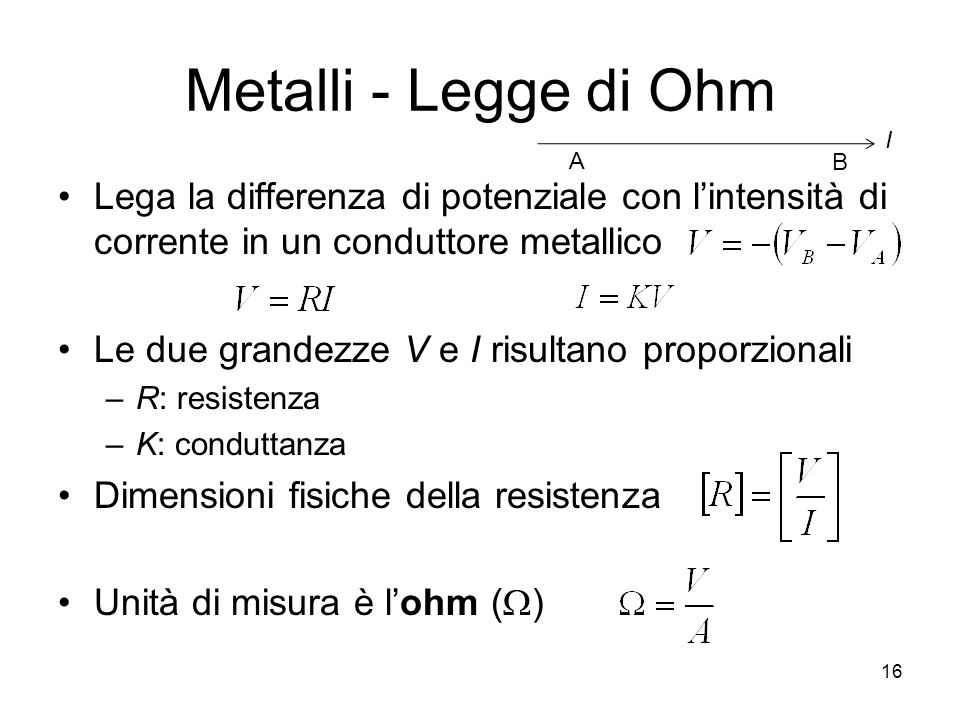 Metalli - Legge di Ohm A. B. I. Lega la differenza di potenziale con l’intensità di corrente in un conduttore metallico.