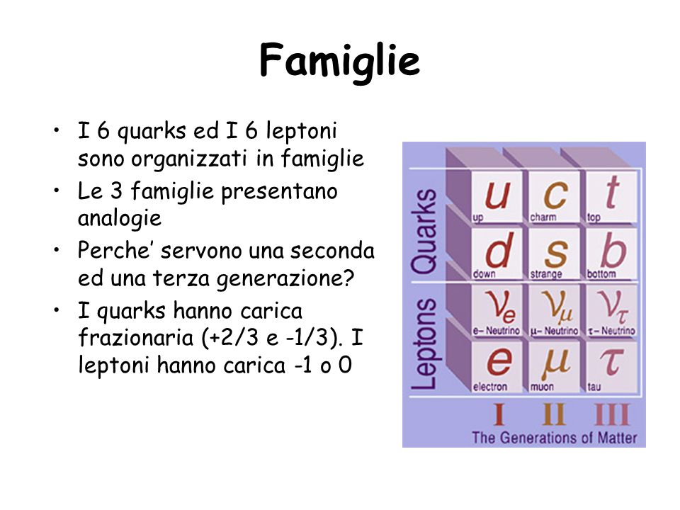 Famiglie I 6 quarks ed I 6 leptoni sono organizzati in famiglie