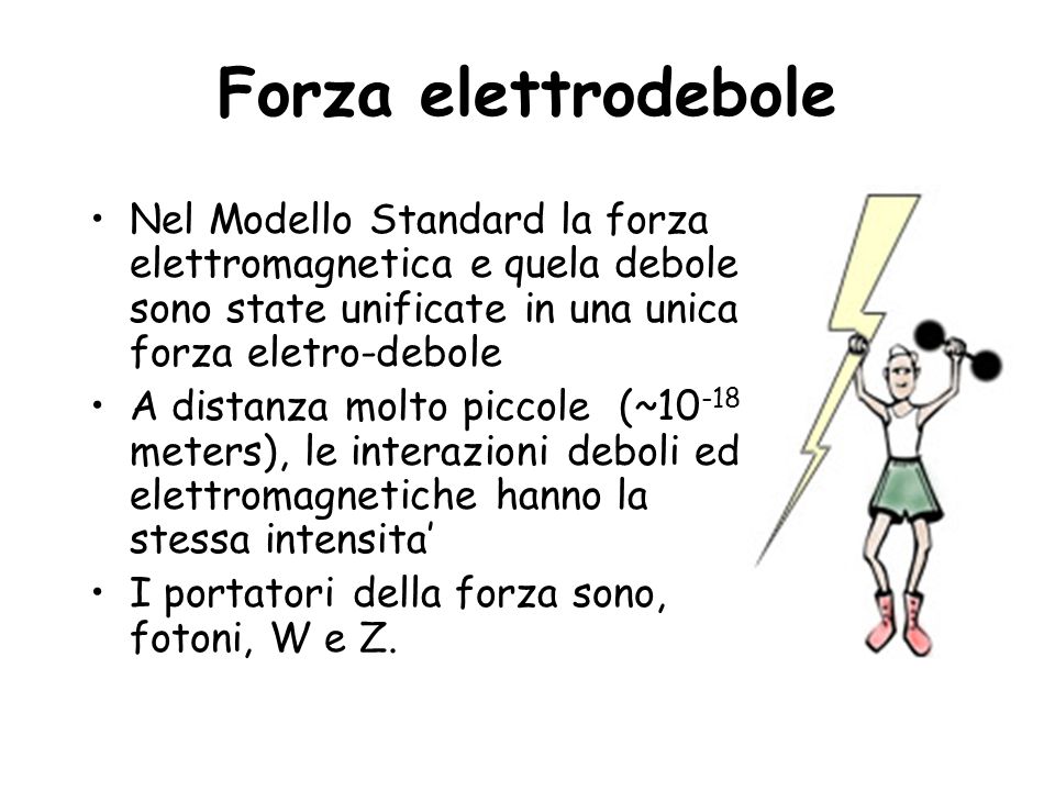 Forza elettrodebole Nel Modello Standard la forza elettromagnetica e quela debole sono state unificate in una unica forza eletro-debole.
