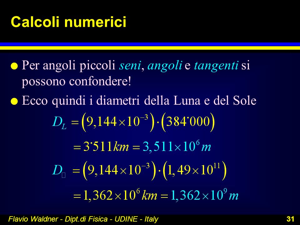 Calcoli numerici Per angoli piccoli seni, angoli e tangenti si possono confondere! Ecco quindi i diametri della Luna e del Sole.