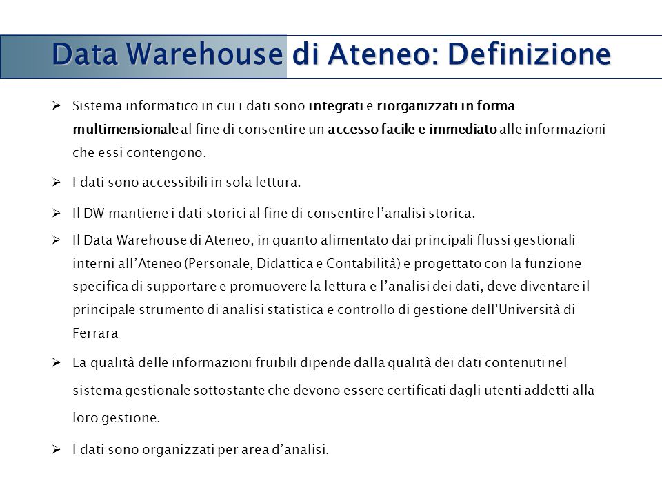 Data Warehouse di Ateneo: Definizione