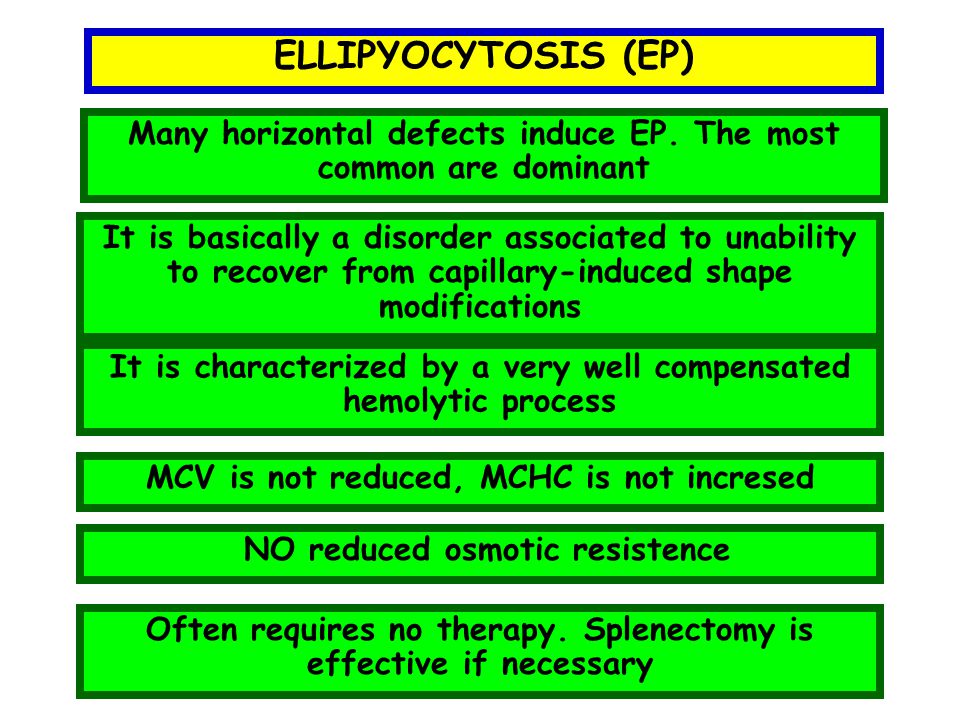 ELLIPYOCYTOSIS (EP) Many horizontal defects induce EP. The most common are dominant.