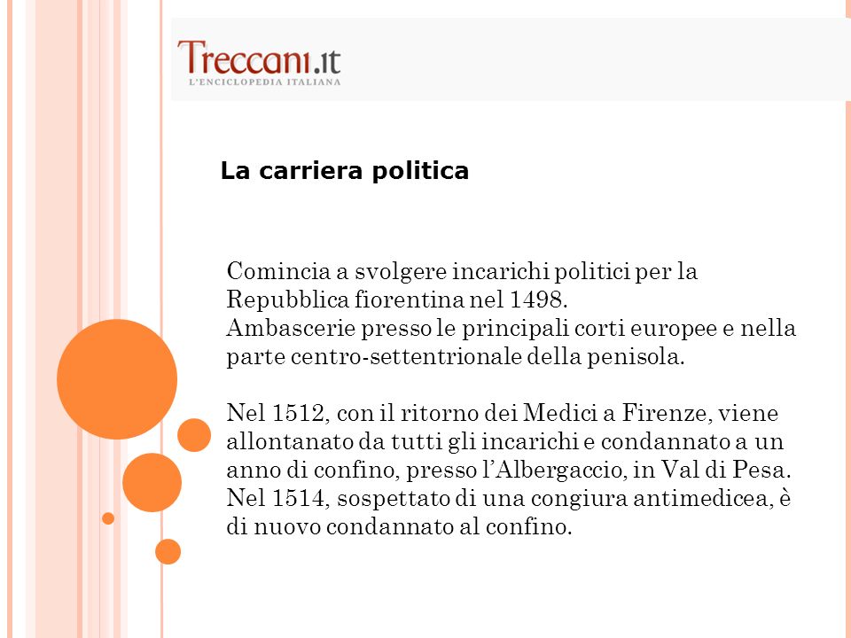 La carriera politica Comincia a svolgere incarichi politici per la Repubblica fiorentina nel