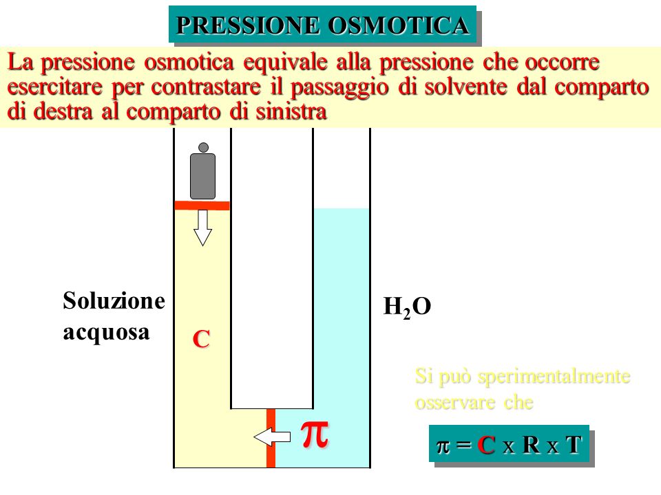PRESSIONE OSMOTICA La pressione osmotica equivale alla pressione che occorre. esercitare per contrastare il passaggio di solvente dal comparto.