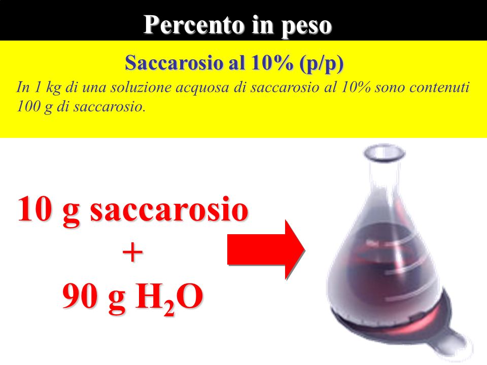 10 g saccarosio + 90 g H2O Percento in peso Saccarosio al 10% (p/p)