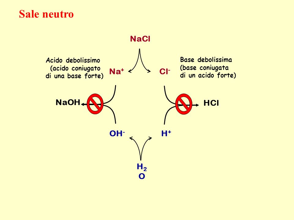 Sale neutro NaCl Na+ Cl- NaOH HCl OH- H+ H2O Acido debolissimo