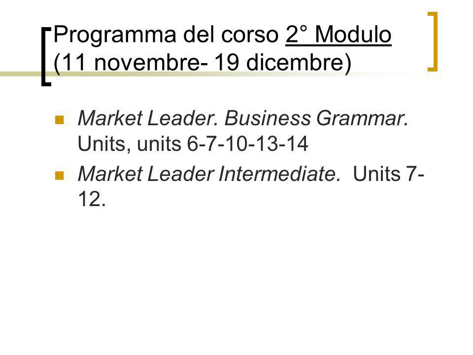 Programma del corso 2° Modulo (11 novembre- 19 dicembre)