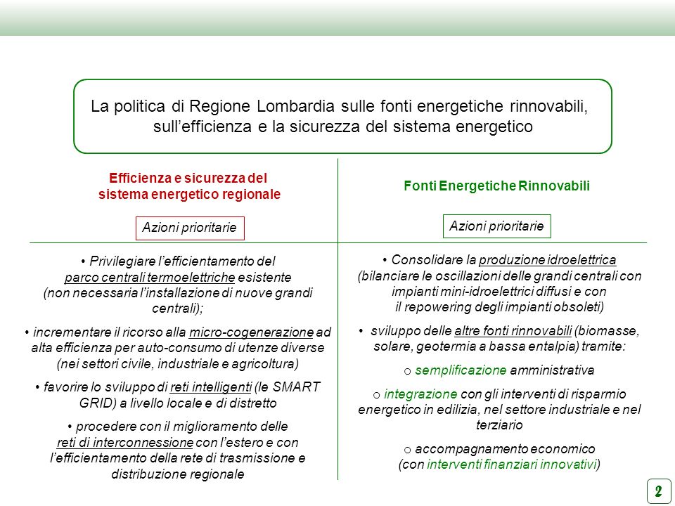 La politica di Regione Lombardia sulle fonti energetiche rinnovabili,