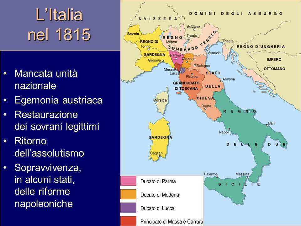 L’Italia nel 1815 Mancata unità nazionale Egemonia austriaca