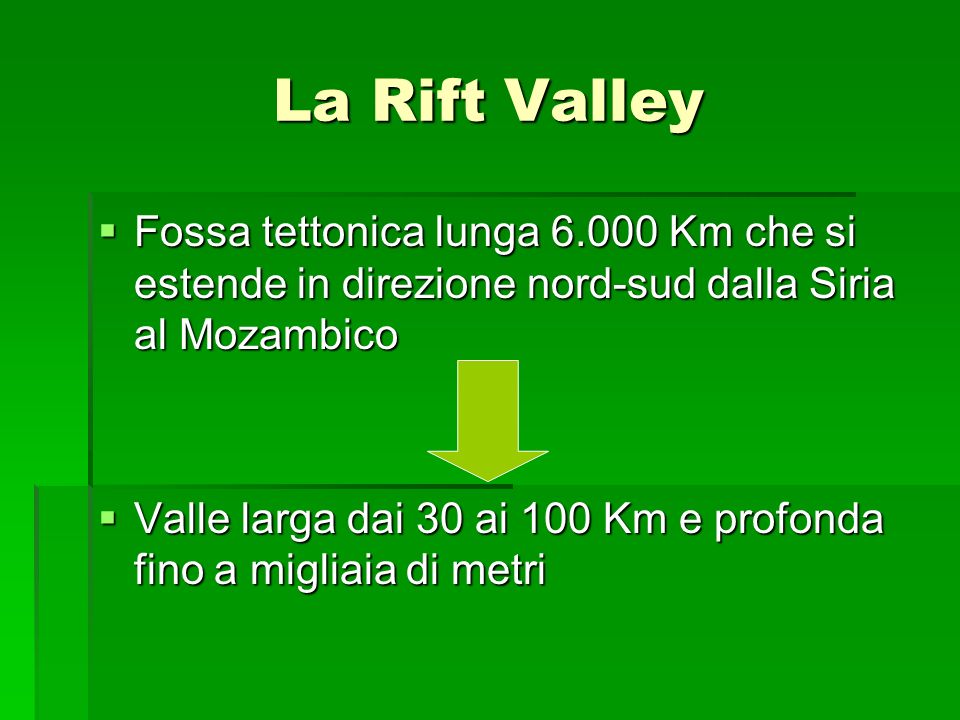 La Rift Valley Fossa tettonica lunga Km che si estende in direzione nord-sud dalla Siria al Mozambico.