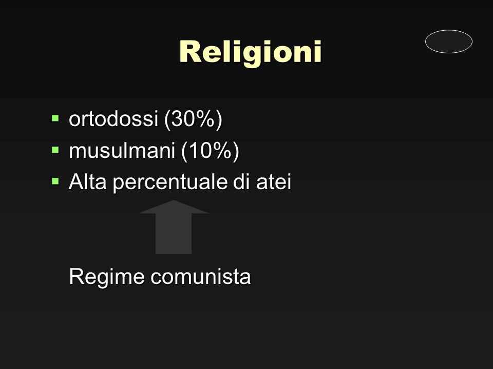 Religioni ortodossi (30%) musulmani (10%) Alta percentuale di atei