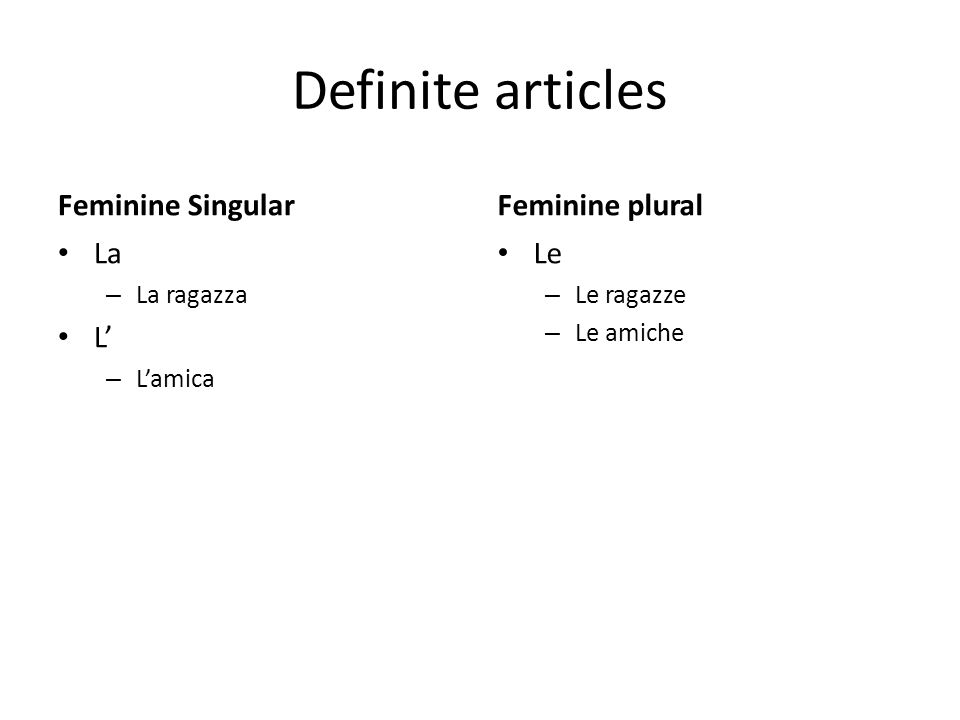 Definite articles Feminine Singular Feminine plural La L’ Le