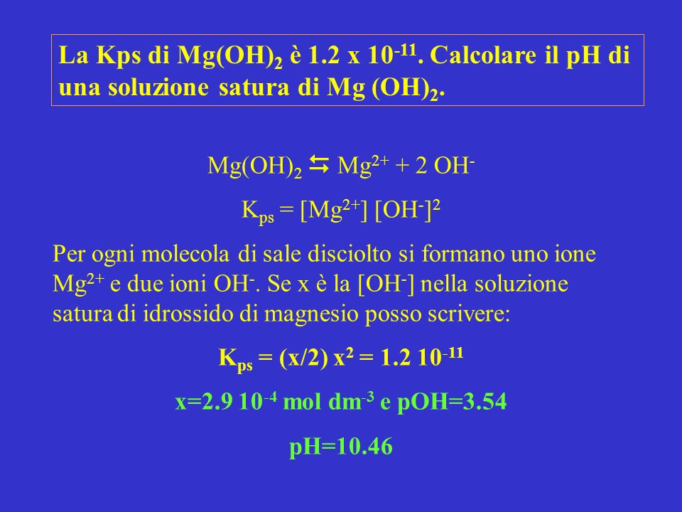 La Kps di Mg(OH)2 è 1.2 x Calcolare il pH di una soluzione satura di Mg (OH)2.
