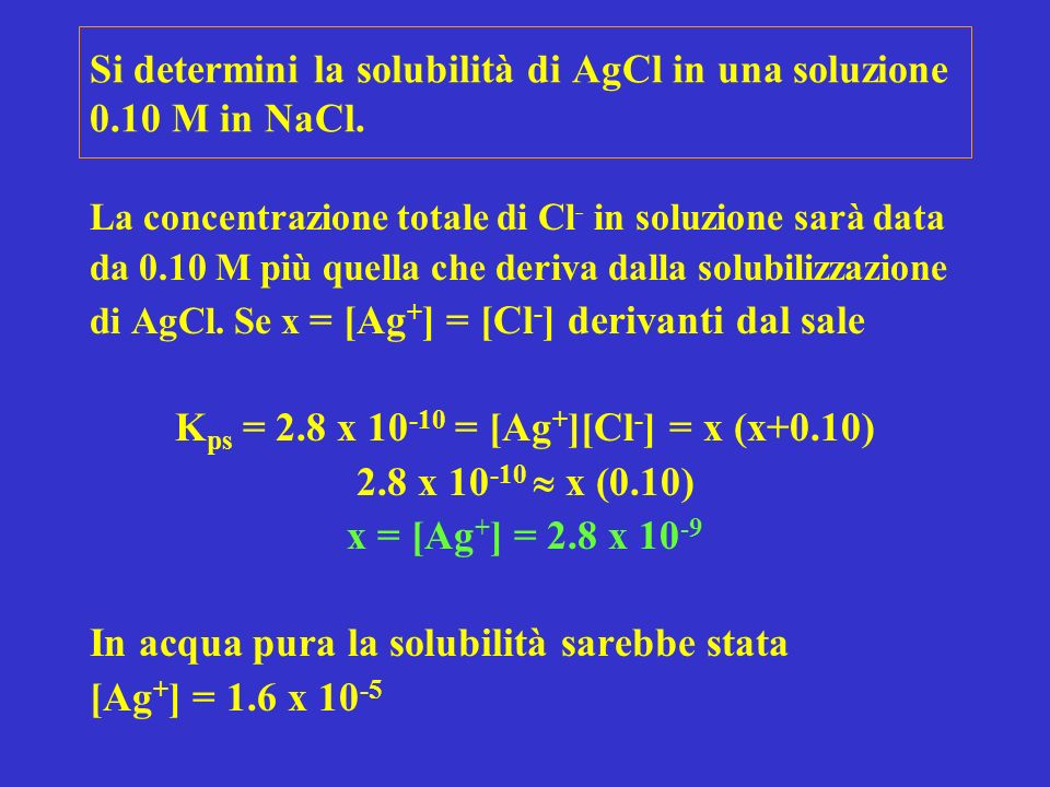 Si determini la solubilità di AgCl in una soluzione 0.10 M in NaCl.