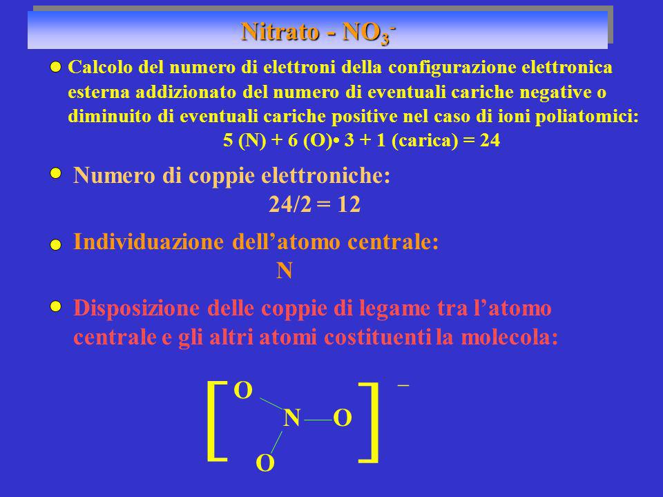 ] ] Nitrato - NO3- O N O O Numero di coppie elettroniche: 24/2 = 12
