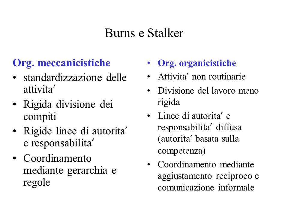 Burns e Stalker Org. meccanicistiche standardizzazione delle attivita’