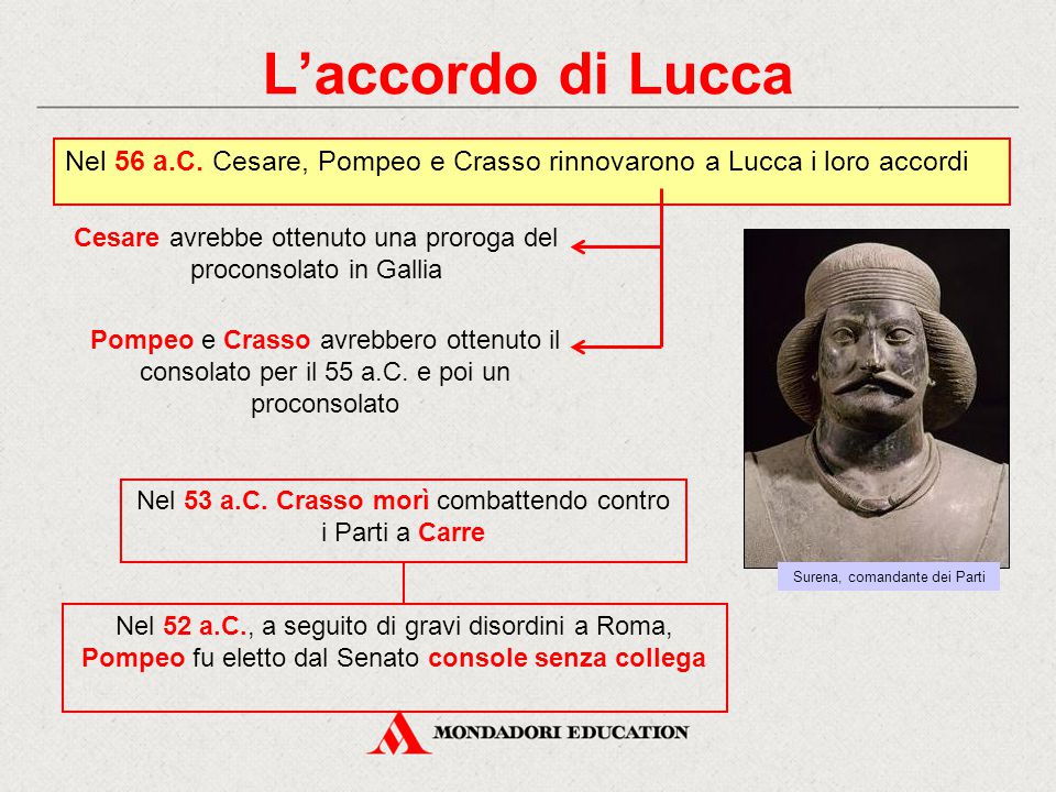 L’accordo di Lucca Nel 56 a.C. Cesare, Pompeo e Crasso rinnovarono a Lucca i loro accordi.