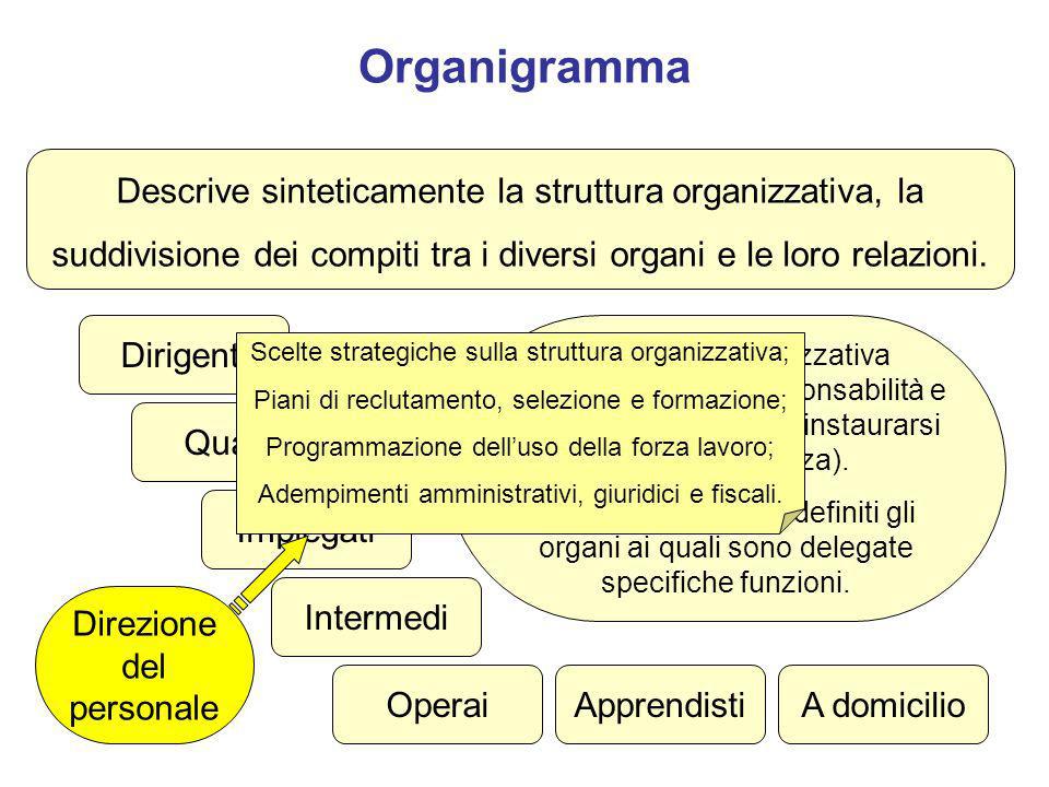 Organigramma Descrive sinteticamente la struttura organizzativa, la suddivisione dei compiti tra i diversi organi e le loro relazioni.