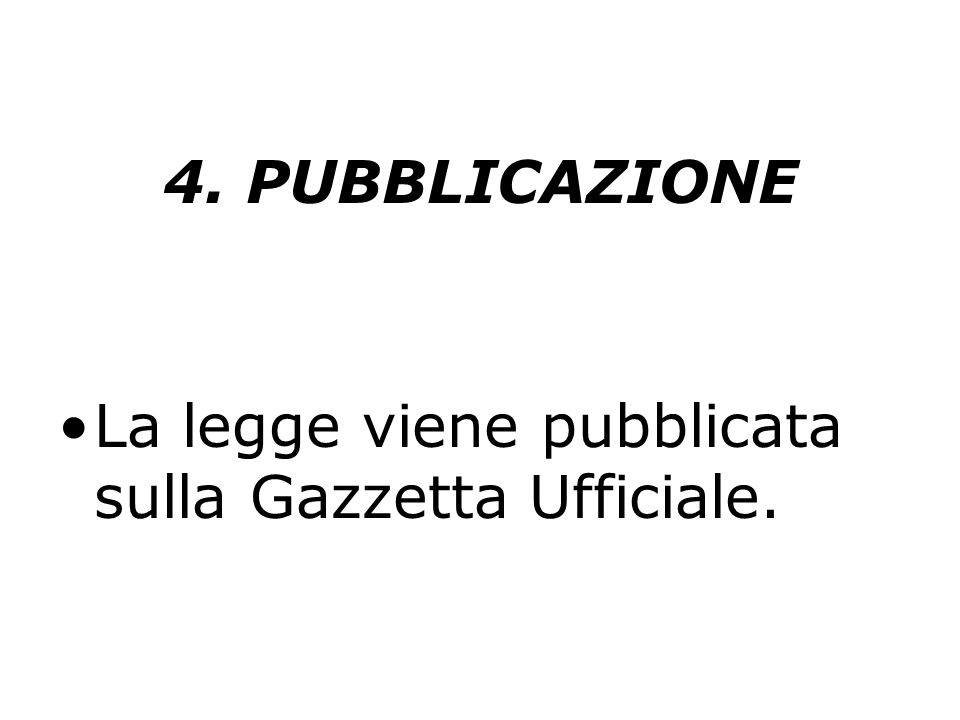 4. PUBBLICAZIONE La legge viene pubblicata sulla Gazzetta Ufficiale.