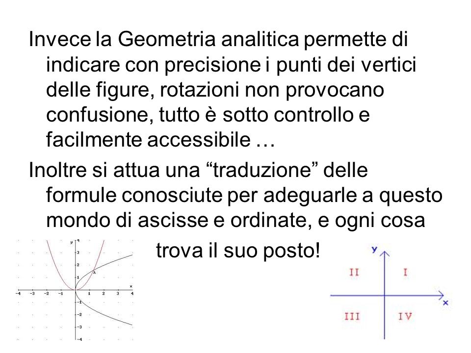 Invece la Geometria analitica permette di indicare con precisione i punti dei vertici delle figure, rotazioni non provocano confusione, tutto è sotto controllo e facilmente accessibile …