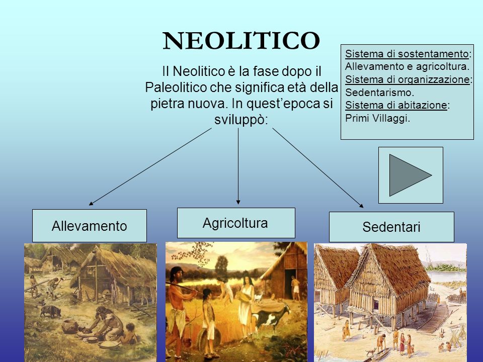 NEOLITICO Sistema di sostentamento: Allevamento e agricoltura. Sistema di organizzazione: Sedentarismo.