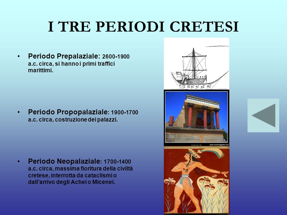I TRE PERIODI CRETESI Periodo Prepalaziale: a.c. circa, si hanno i primi traffici marittimi.