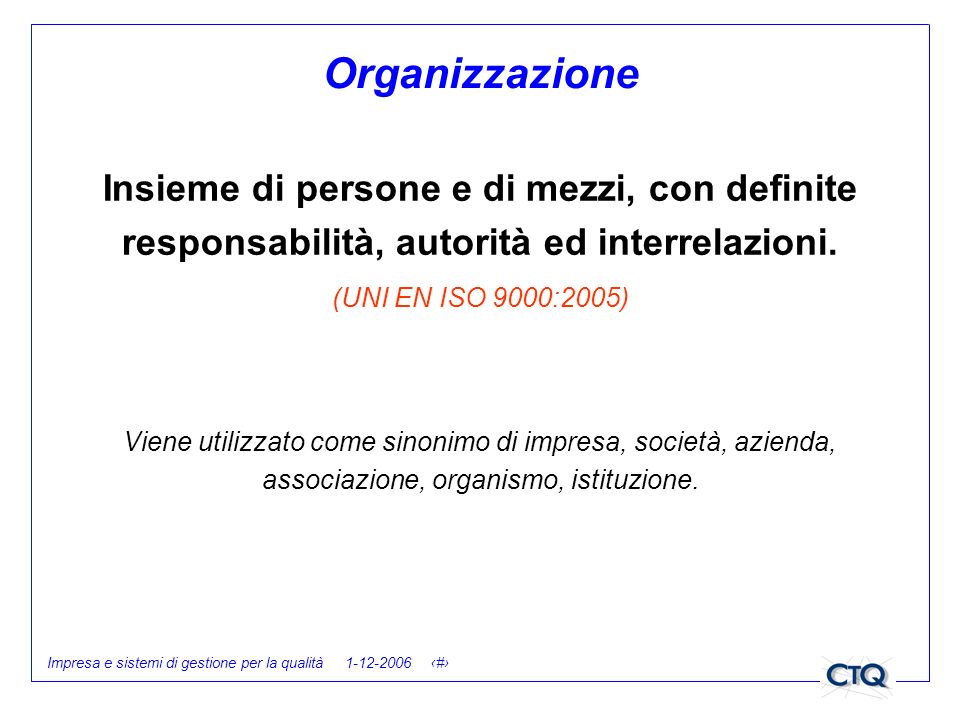 Organizzazione Insieme di persone e di mezzi, con definite responsabilità, autorità ed interrelazioni.