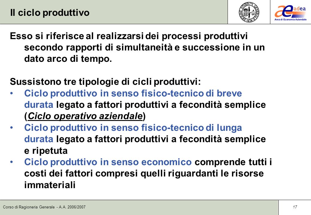 Il ciclo produttivo Esso si riferisce al realizzarsi dei processi produttivi secondo rapporti di simultaneità e successione in un dato arco di tempo.