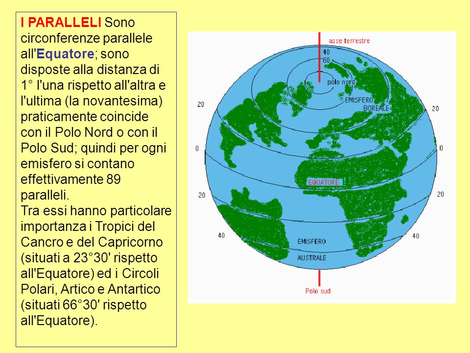 I PARALLELI Sono circonferenze parallele all Equatore; sono disposte alla distanza di 1° l una rispetto all altra e l ultima (la novantesima) praticamente coincide con il Polo Nord o con il Polo Sud; quindi per ogni emisfero si contano effettivamente 89 paralleli.