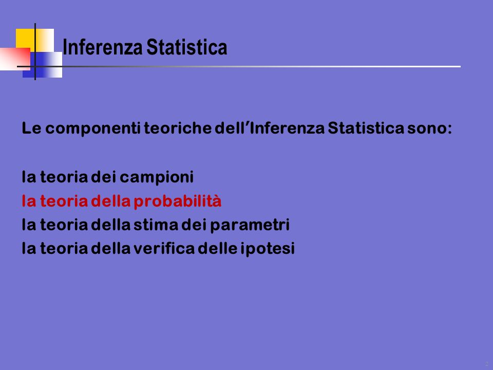 Inferenza Statistica Le componenti teoriche dell’Inferenza Statistica sono: la teoria dei campioni.
