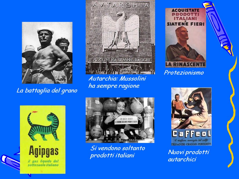 Protezionismo Autarchia: Mussolini ha sempre ragione. La battaglia del grano. Si vendono soltanto prodotti italiani.