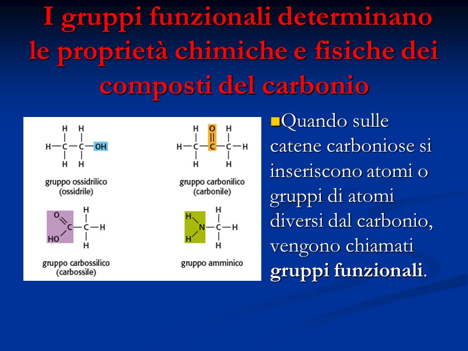I gruppi funzionali determinano le proprietà chimiche e fisiche dei composti del carbonio