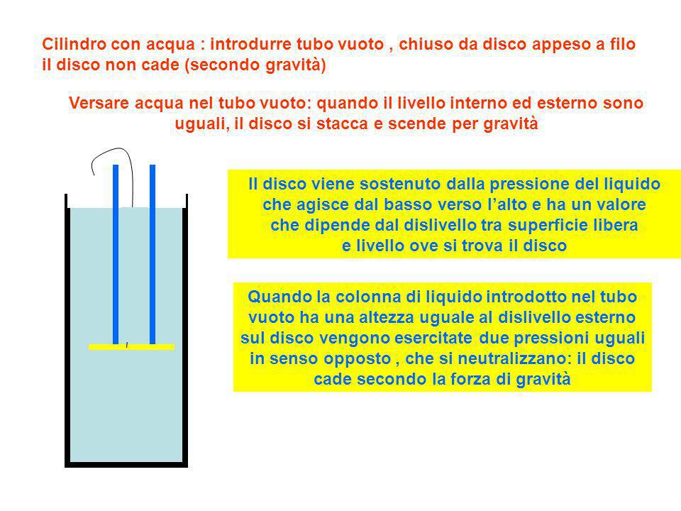 Cilindro con acqua : introdurre tubo vuoto , chiuso da disco appeso a filo il disco non cade (secondo gravità)