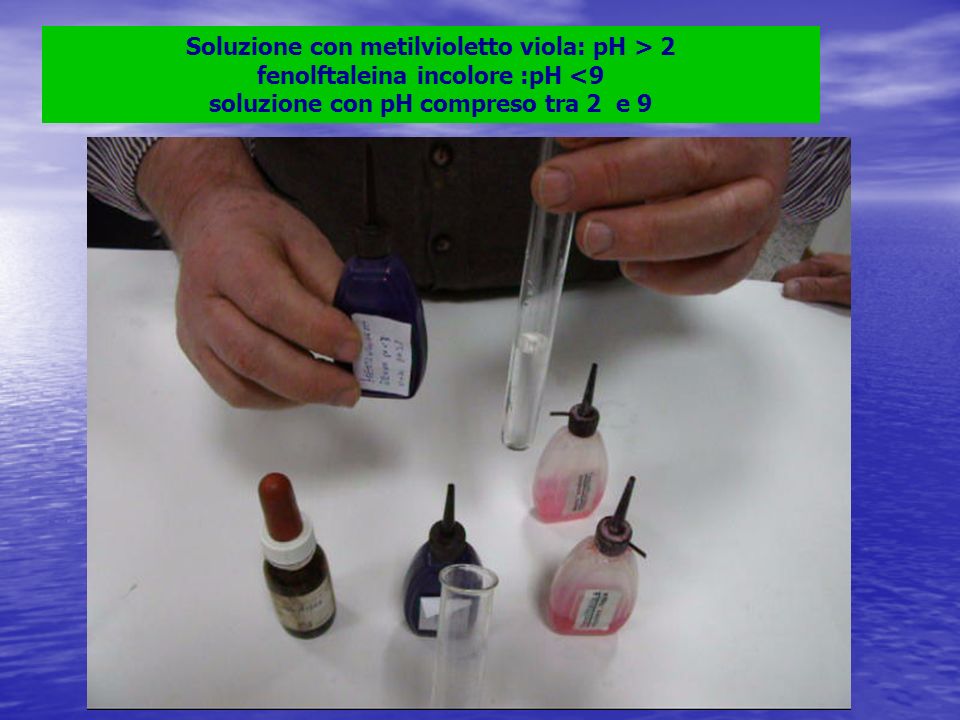 Soluzione con metilvioletto viola: pH > 2 fenolftaleina incolore :pH <9 soluzione con pH compreso tra 2 e 9
