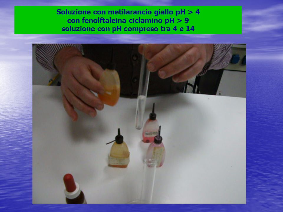 Soluzione con metilarancio giallo pH > 4 con fenolftaleina ciclamino pH > 9 soluzione con pH compreso tra 4 e 14
