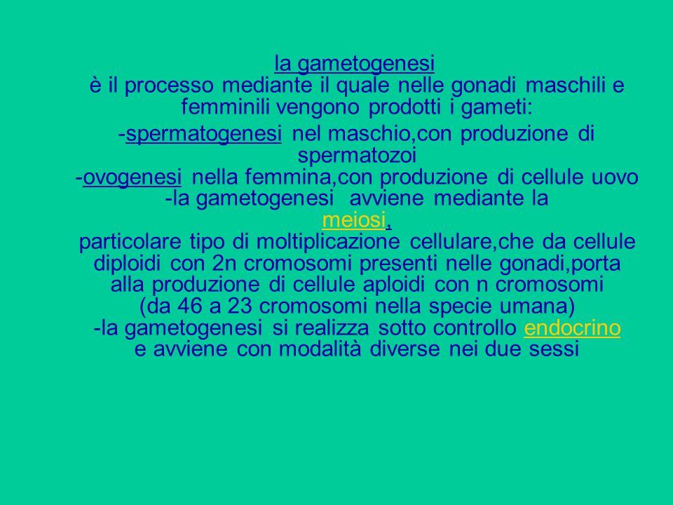 la gametogenesi è il processo mediante il quale nelle gonadi maschili e femminili vengono prodotti i gameti: