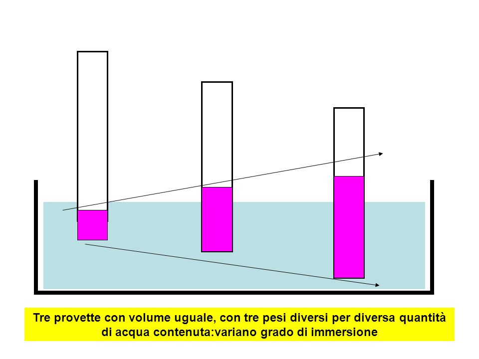 Tre provette con volume uguale, con tre pesi diversi per diversa quantità di acqua contenuta:variano grado di immersione