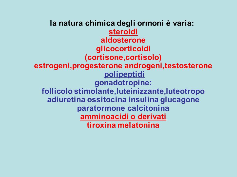 la natura chimica degli ormoni è varia: steroidi aldosterone glicocorticoidi (cortisone,cortisolo) estrogeni,progesterone androgeni,testosterone polipeptidi gonadotropine: follicolo stimolante,luteinizzante,luteotropo adiuretina ossitocina insulina glucagone paratormone calcitonina amminoacidi o derivati tiroxina melatonina