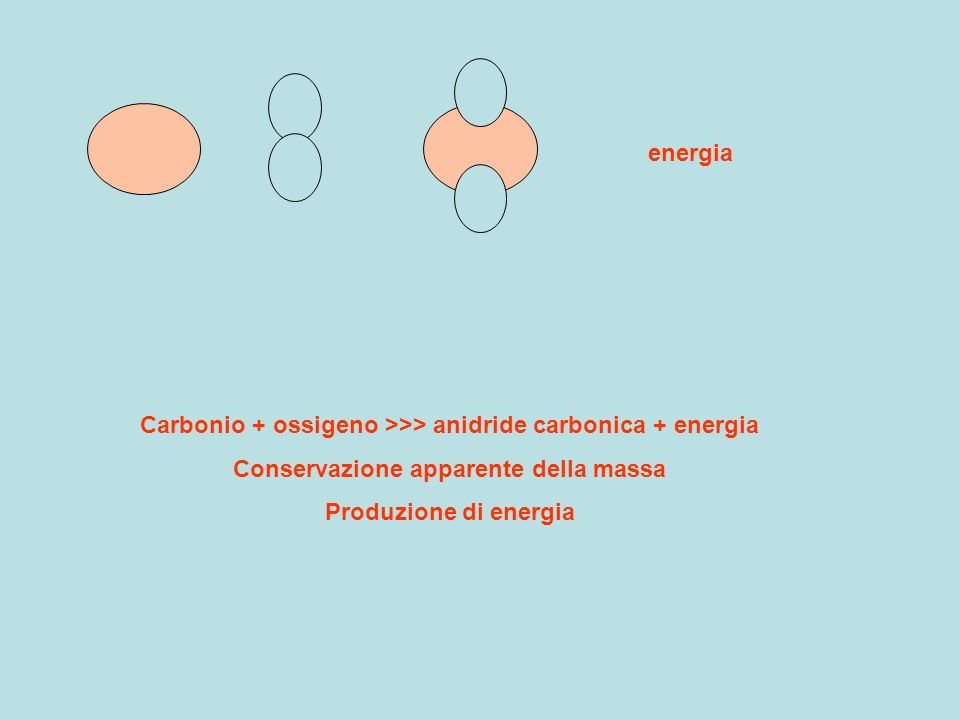 Carbonio + ossigeno >>> anidride carbonica + energia