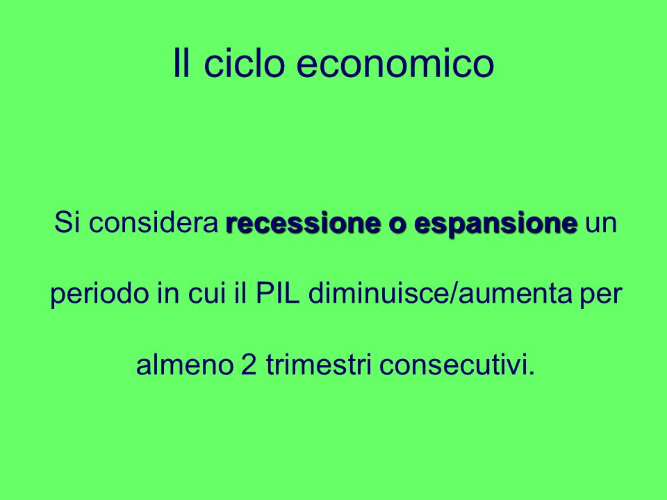 Il ciclo economico Si considera recessione o espansione un periodo in cui il PIL diminuisce/aumenta per almeno 2 trimestri consecutivi.