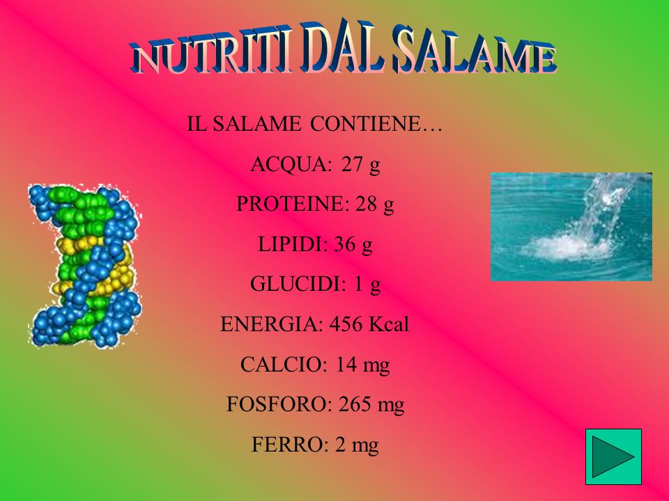 NUTRITI DAL SALAME IL SALAME CONTIENE… ACQUA: 27 g PROTEINE: 28 g