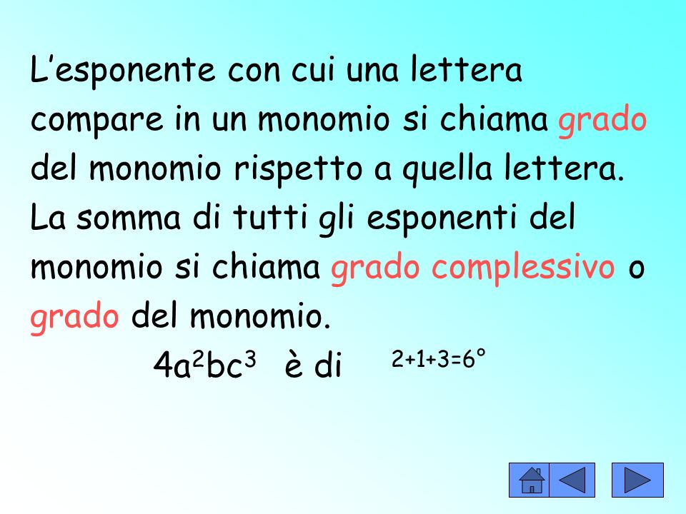 L’esponente con cui una lettera compare in un monomio si chiama grado del monomio rispetto a quella lettera.