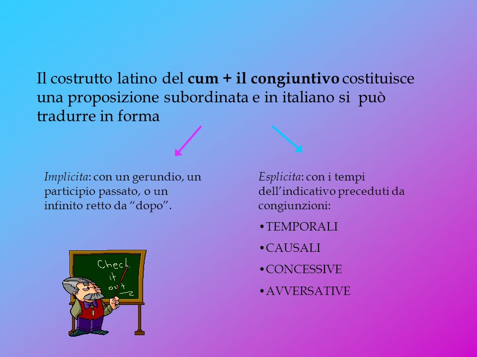Il costrutto latino del cum + il congiuntivo costituisce una proposizione subordinata e in italiano si può tradurre in forma